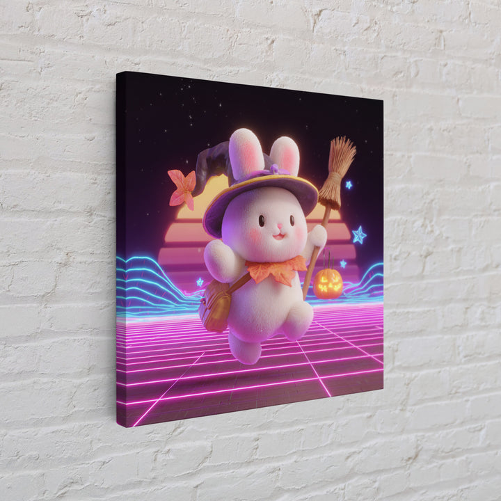 The Bunny Witch, Retro Neon Halloween Art, Square Wall Art, Framed Canvas Print, Retro Halloween Decor, Neon Wall Art