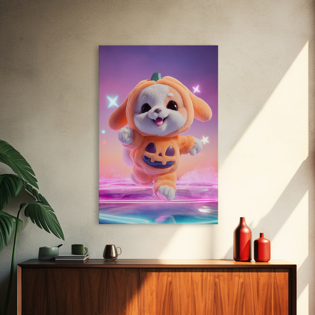 The Pumpkin Puppy, 80s Halloween Wall Art, Vertical Wall Art, Framed Canvas Print, Retro Halloween Decor, Neon Wall Art, Dark Fantasy Art
