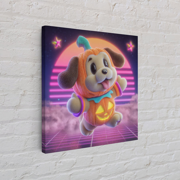 The Pumpkin Puppy, 80s Halloween Wall Art, Square Wall Art, Canvas Print, Retro Halloween Decor, Neon Wall Art, Collectible Wall Decor