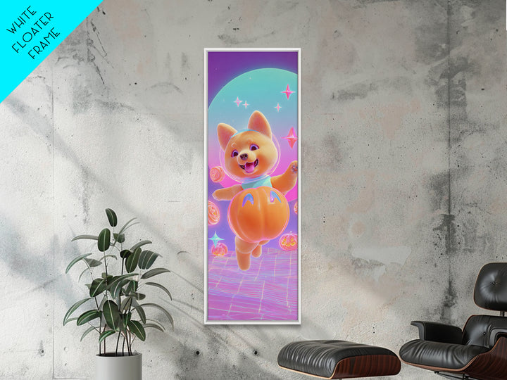 The Pumpkin Puppy, Retro Neon Halloween Art, Tall Narrow Wall Art, Canvas Print, Retro Halloween Decor, Neon Wall Art