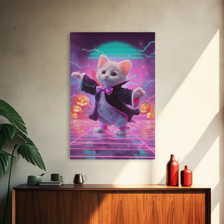 The Kitten Vampire, Cute Spooky Neon Art, Vertical Wall Art, Canvas Print, Retro Halloween Decor, Neon Wall Art, Horror Wall Art