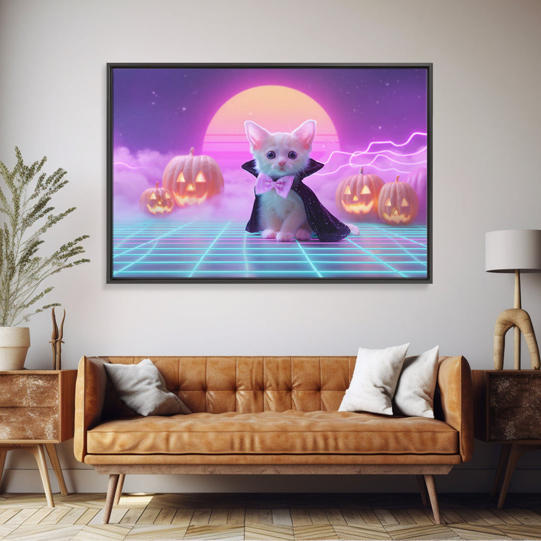 The Kitten Vampire, 80s Halloween Wall Art, Landscape Wall Art, Framed Canvas Print, Retro Halloween Decor, Neon Wall Art, Horror Wall Art