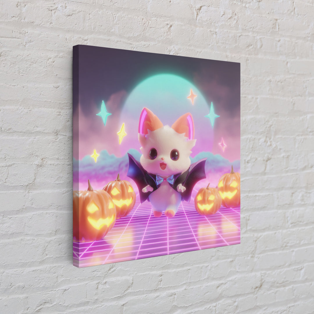 The Kitten Vampire, Vaporwave Halloween Decor, Square Wall Art, Canvas Print, Retro Halloween Decor, Neon Wall Art, Collectible Wall Decor