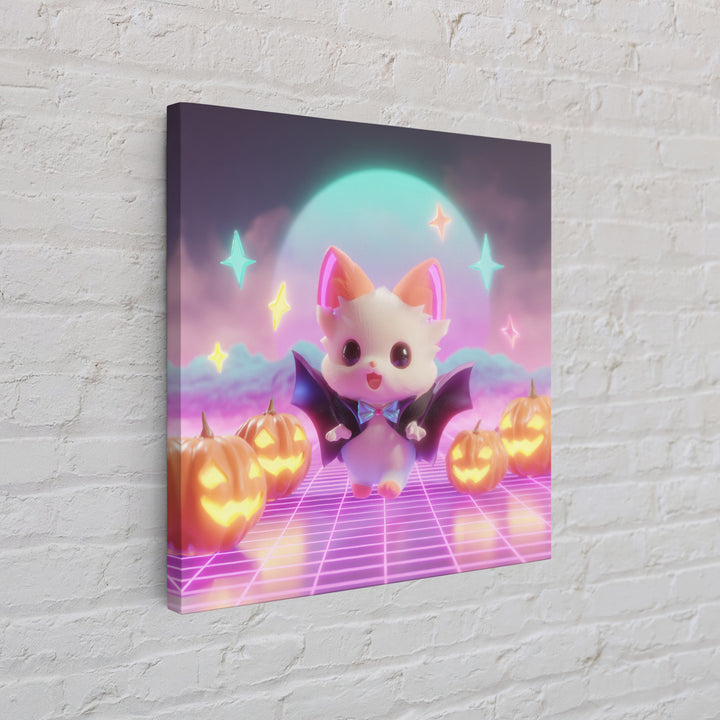 The Kitten Vampire, Vaporwave Halloween Decor, Square Wall Art, Canvas Print, Retro Halloween Decor, Neon Wall Art, Collectible Wall Decor