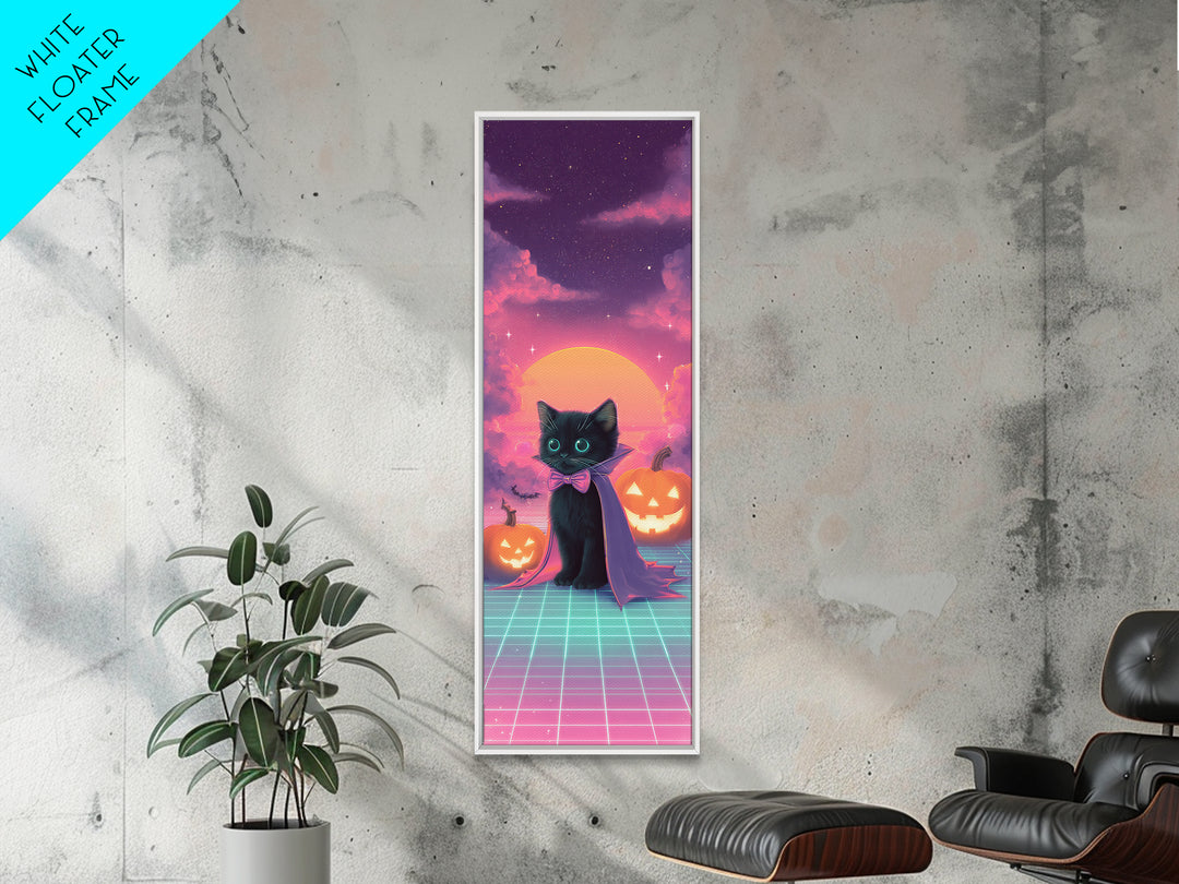 The Kitten Vampire, 80s Halloween Wall Art, Tall Narrow Wall Art, Framed Canvas Print, Retro Halloween Decor, Neon Wall Art