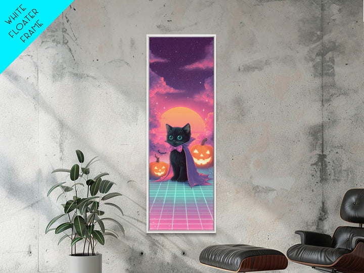 The Kitten Vampire, 80s Halloween Wall Art, Tall Narrow Wall Art, Framed Canvas Print, Retro Halloween Decor, Neon Wall Art