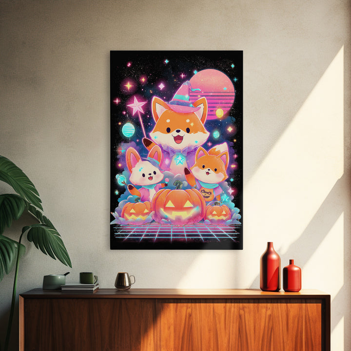 The Fox Wizard, Cute Spooky Neon Art, Vertical Wall Art, Framed Canvas Print, Retro Halloween Decor, Neon Wall Art, Horror Wall Art