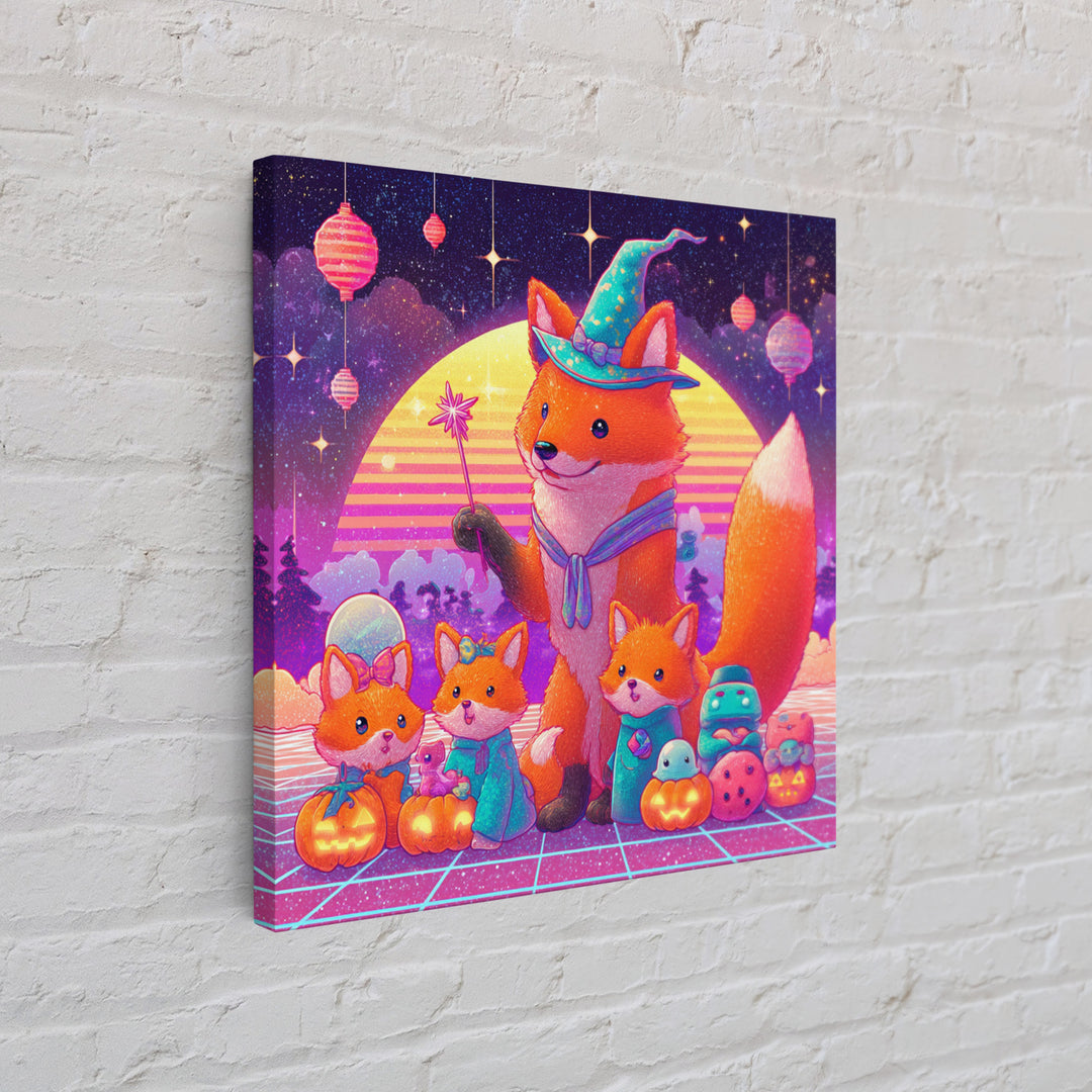 The Fox Wizard, 80s Halloween Wall Art, Square Wall Art, Framed Canvas Print, Retro Halloween Decor, Neon Wall Art, Gothic Home Decor