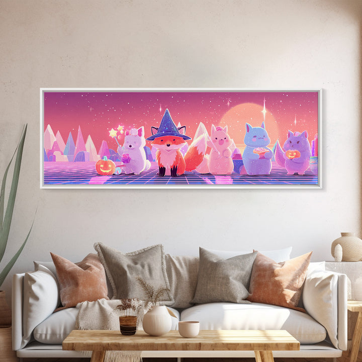 The Fox Wizard, Synthwave Halloween Art, Extra Wide Wall Art, Framed Canvas Print, Retro Halloween Decor, Neon Wall Art, Gothic Home Decor