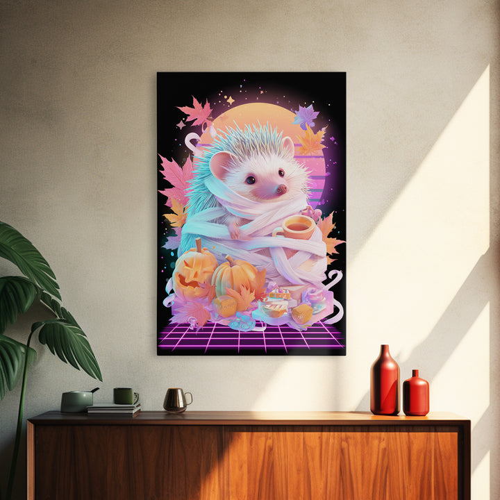 The Hedgehog Mummy, Retro Neon Halloween Art, Vertical Wall Art, Canvas Print, Retro Halloween Decor, Neon Wall Art, Macabre Wall Art