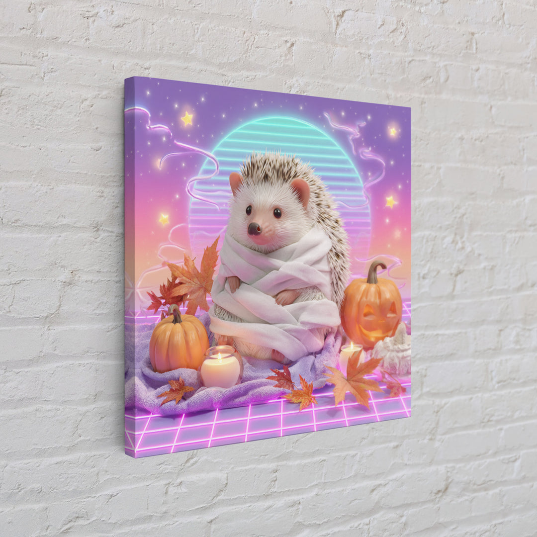 The Hedgehog Mummy, Retro Neon Halloween Art, Square Wall Art, Framed Canvas Print, Retro Halloween Decor, Neon Wall Art