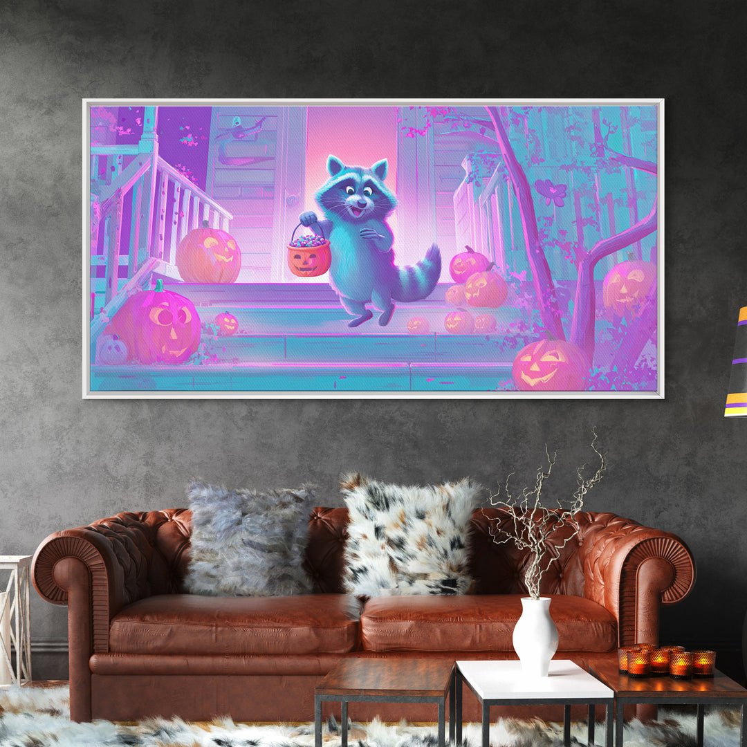 The Raccoon Trick-Or-Treater, Cute Spooky Neon Art, Wide Panoramic Art, Canvas Print, Retro Halloween Decor, Neon Wall Art