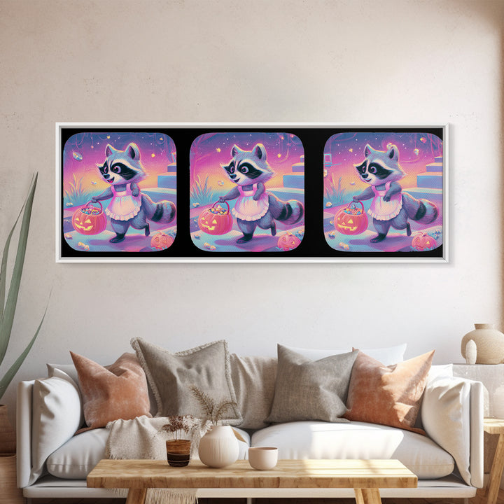 The Raccoon Trick-Or-Treater, Retro Neon Halloween Art, Extra Wide Wall Art, Framed Canvas Print, Retro Halloween Decor, Neon Wall Art