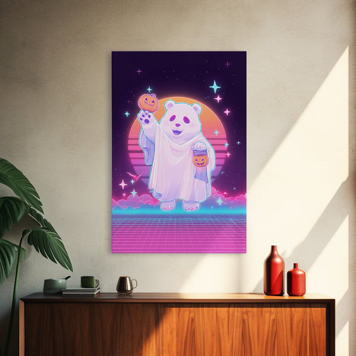 The Bear Cub Ghost, Vaporwave Halloween Decor, Vertical Wall Art, Framed Canvas Print, Retro Halloween Decor, Neon Wall Art, Horror Wall Art