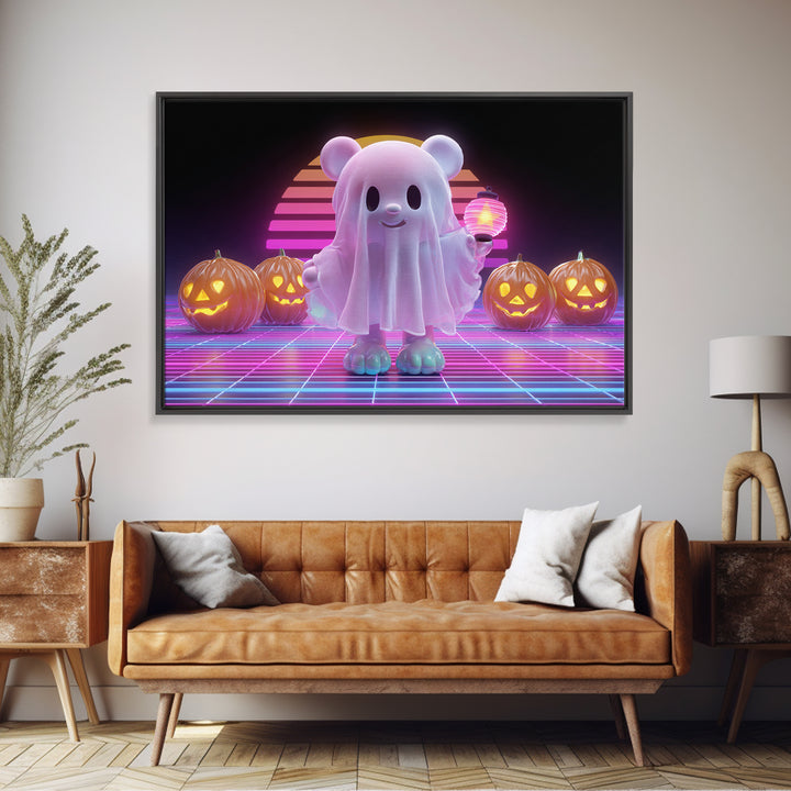 The Bear Cub Ghost, 80s Halloween Wall Art, Landscape Wall Art, Framed Canvas Print, Retro Halloween Decor, Neon Wall Art