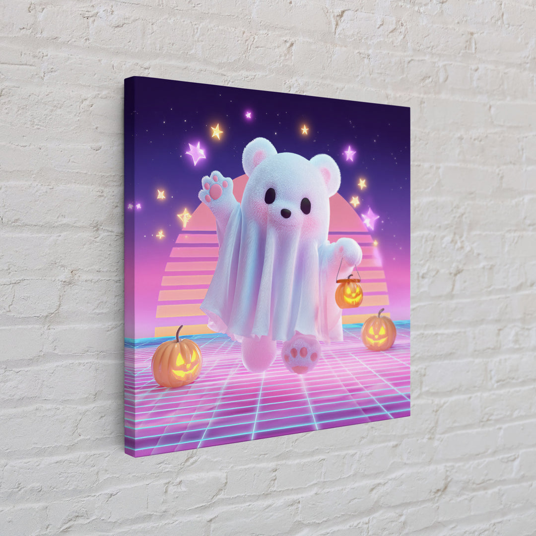 The Bear Cub Ghost, 80s Halloween Wall Art, Square Wall Art, Framed Canvas Print, Retro Halloween Decor, Neon Wall Art