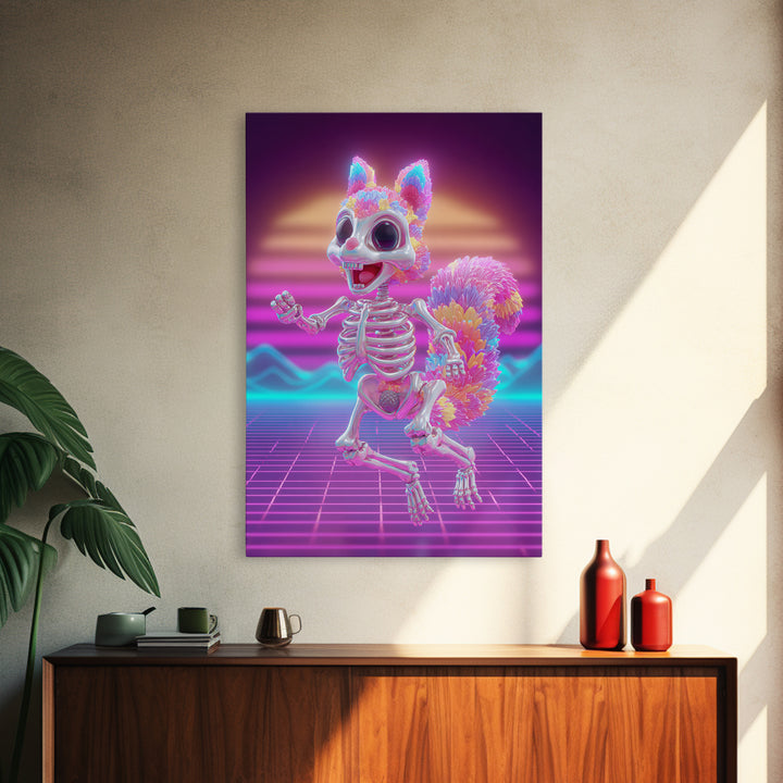 The Squirrel Skeleton, Vaporwave Halloween Decor, Vertical Wall Art, Canvas Print, Retro Halloween Decor, Neon Wall Art