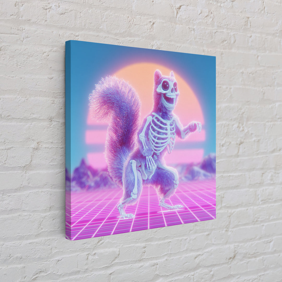 The Squirrel Skeleton, Cute Spooky Neon Art, Square Wall Art, Canvas Print, Retro Halloween Decor, Neon Wall Art, Spooky Wall Decor