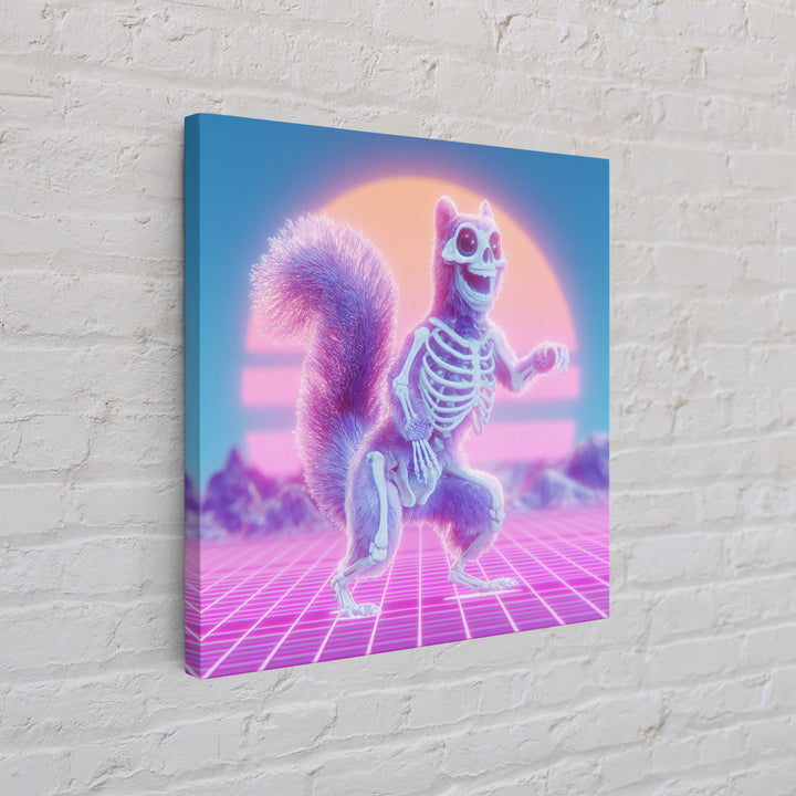 The Squirrel Skeleton, Cute Spooky Neon Art, Square Wall Art, Canvas Print, Retro Halloween Decor, Neon Wall Art, Spooky Wall Decor