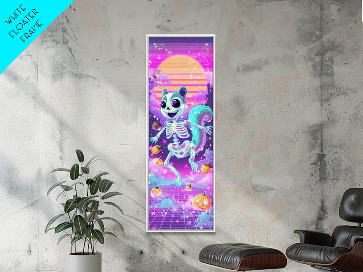 The Squirrel Skeleton, Synthwave Halloween Art, Tall Narrow Wall Art, Framed Canvas Print, Retro Halloween Decor, Neon Wall Art