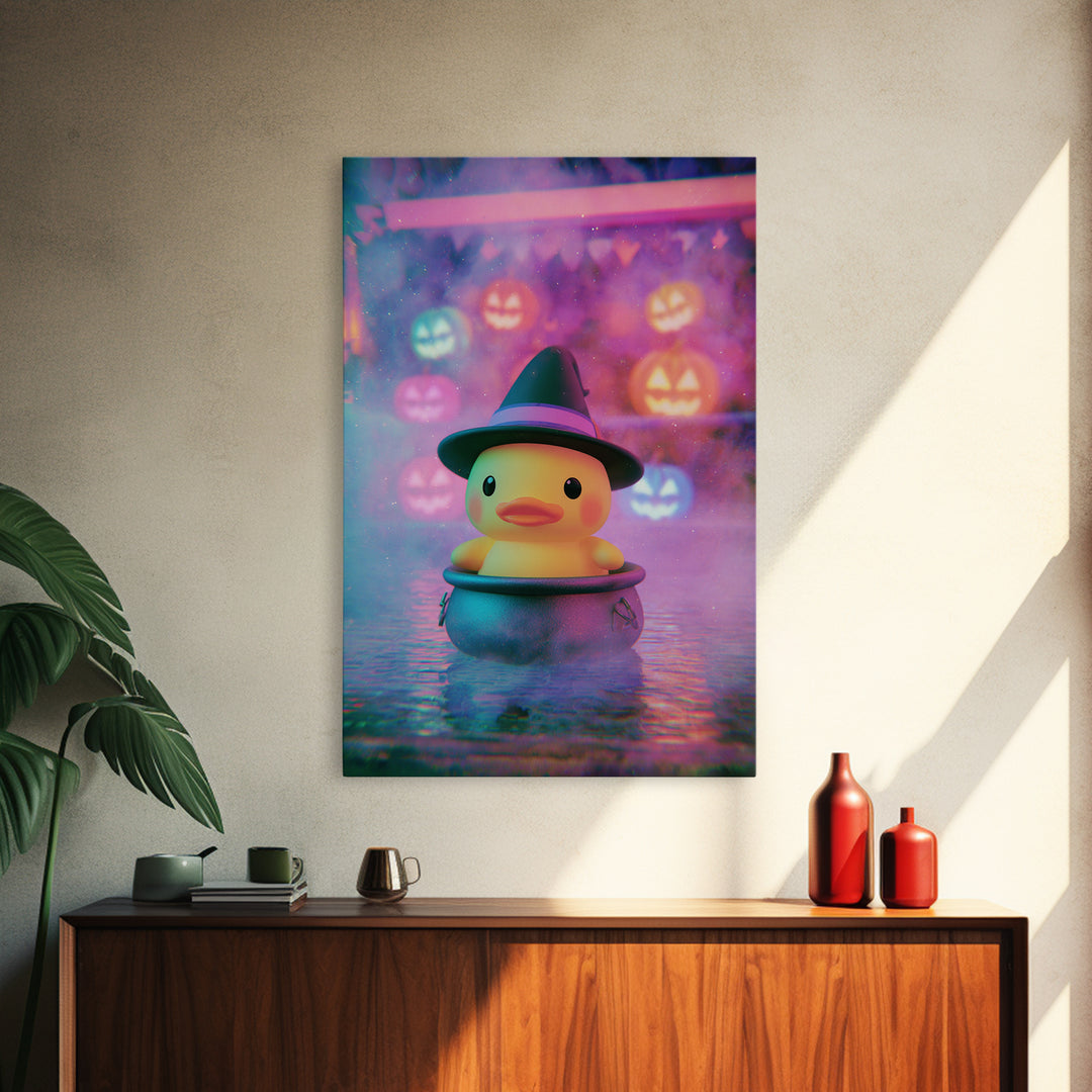 The Duckling Witch, Cute Spooky Neon Art, Vertical Wall Art, Canvas Print, Retro Halloween Decor, Neon Wall Art, Gothic Home Decor