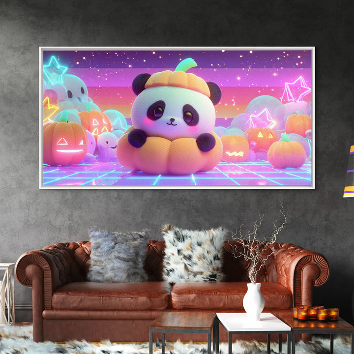 The Panda Pumpkin, 80s Halloween Wall Art, Wide Panoramic Art, Framed Canvas Print, Retro Halloween Decor, Neon Wall Art, Dark Fantasy Art