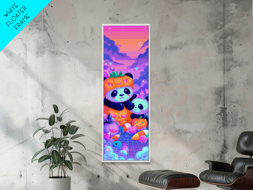 The Panda Pumpkin, 80s Halloween Wall Art, Tall Narrow Wall Art, Framed Canvas Print, Retro Halloween Decor, Neon Wall Art