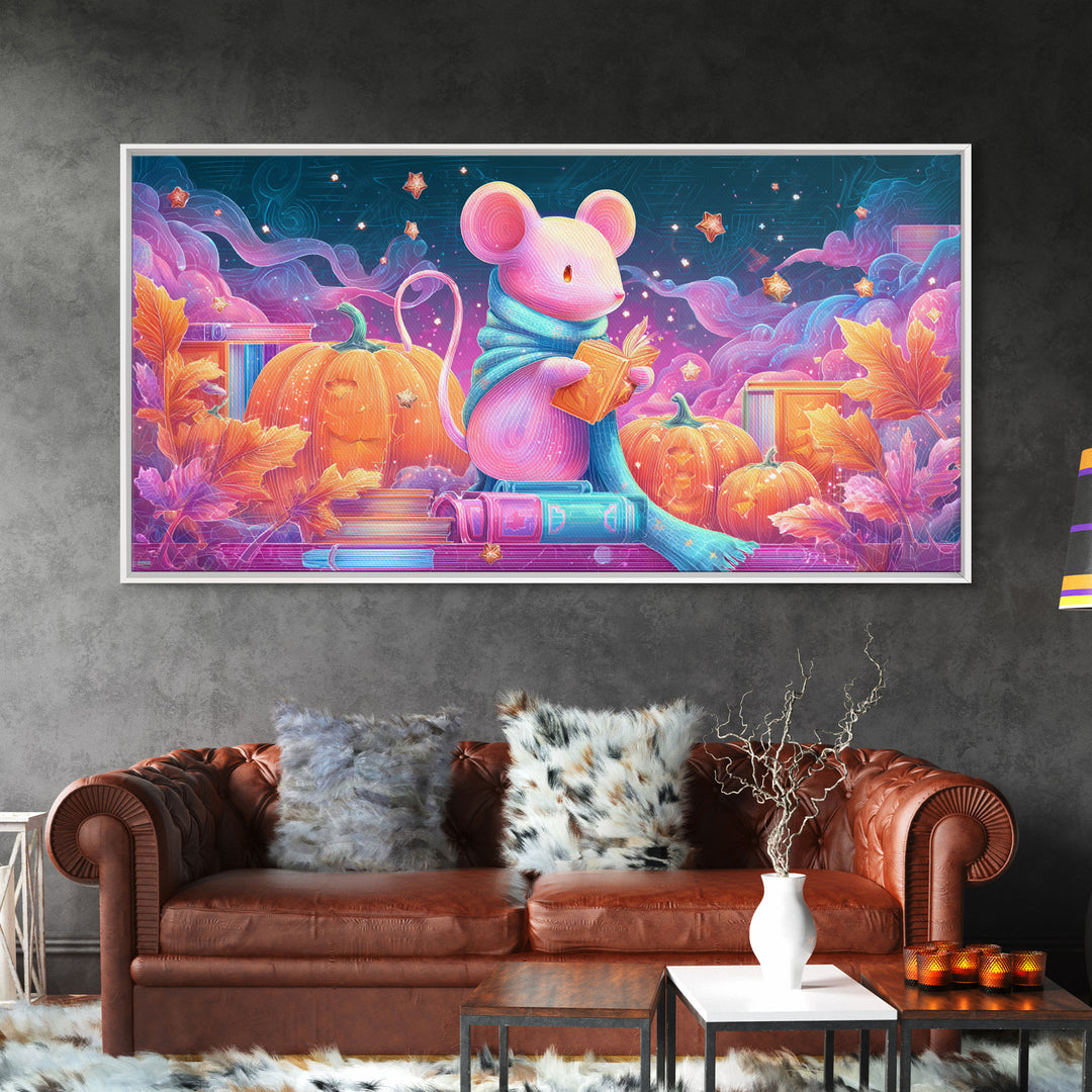 The Magician Mouse, 80s Halloween Wall Art, Wide Panoramic Art, Canvas Print, Retro Halloween Decor, Neon Wall Art, Dark Fantasy Art