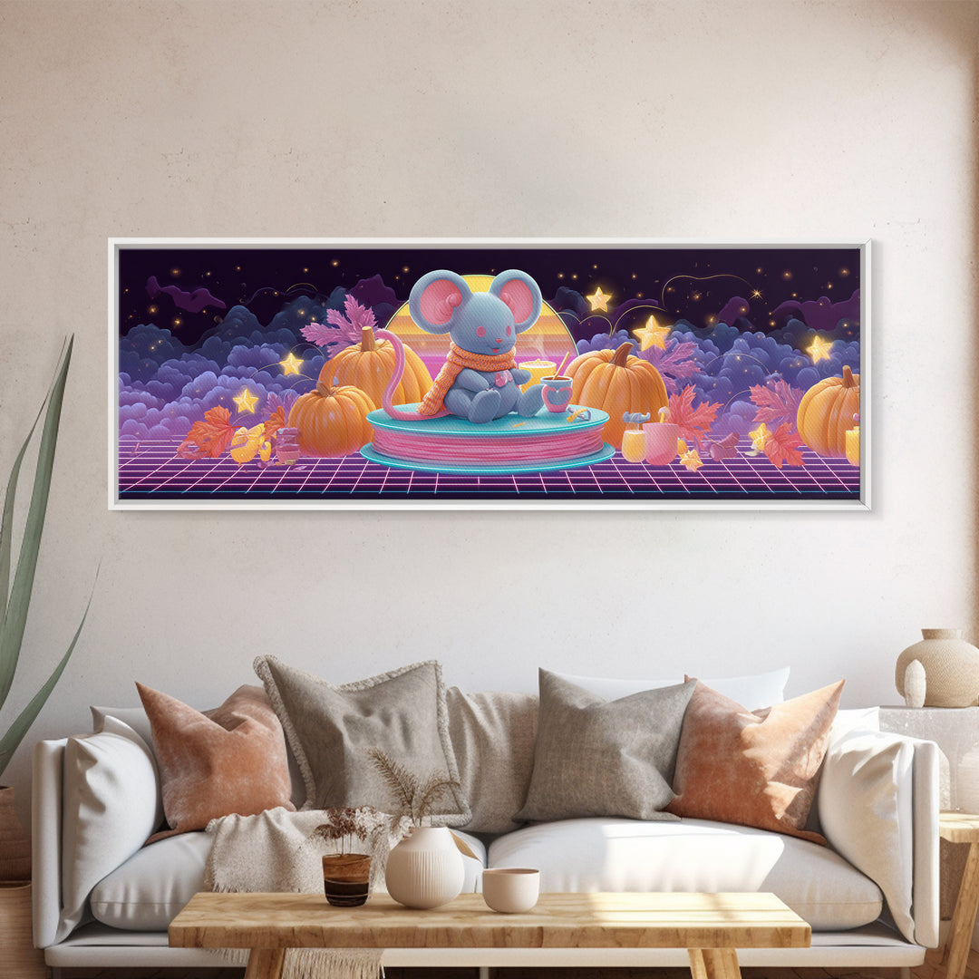 The Magician Mouse, Cute Spooky Neon Art, Extra Wide Wall Art, Canvas Print, Retro Halloween Decor, Neon Wall Art, Gothic Home Decor