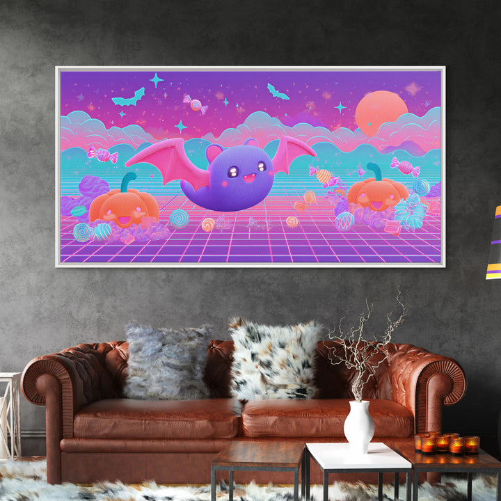The Bat-Winged Otter, 80s Halloween Wall Art, Wide Panoramic Art, Framed Canvas Print, Retro Halloween Decor, Neon Wall Art