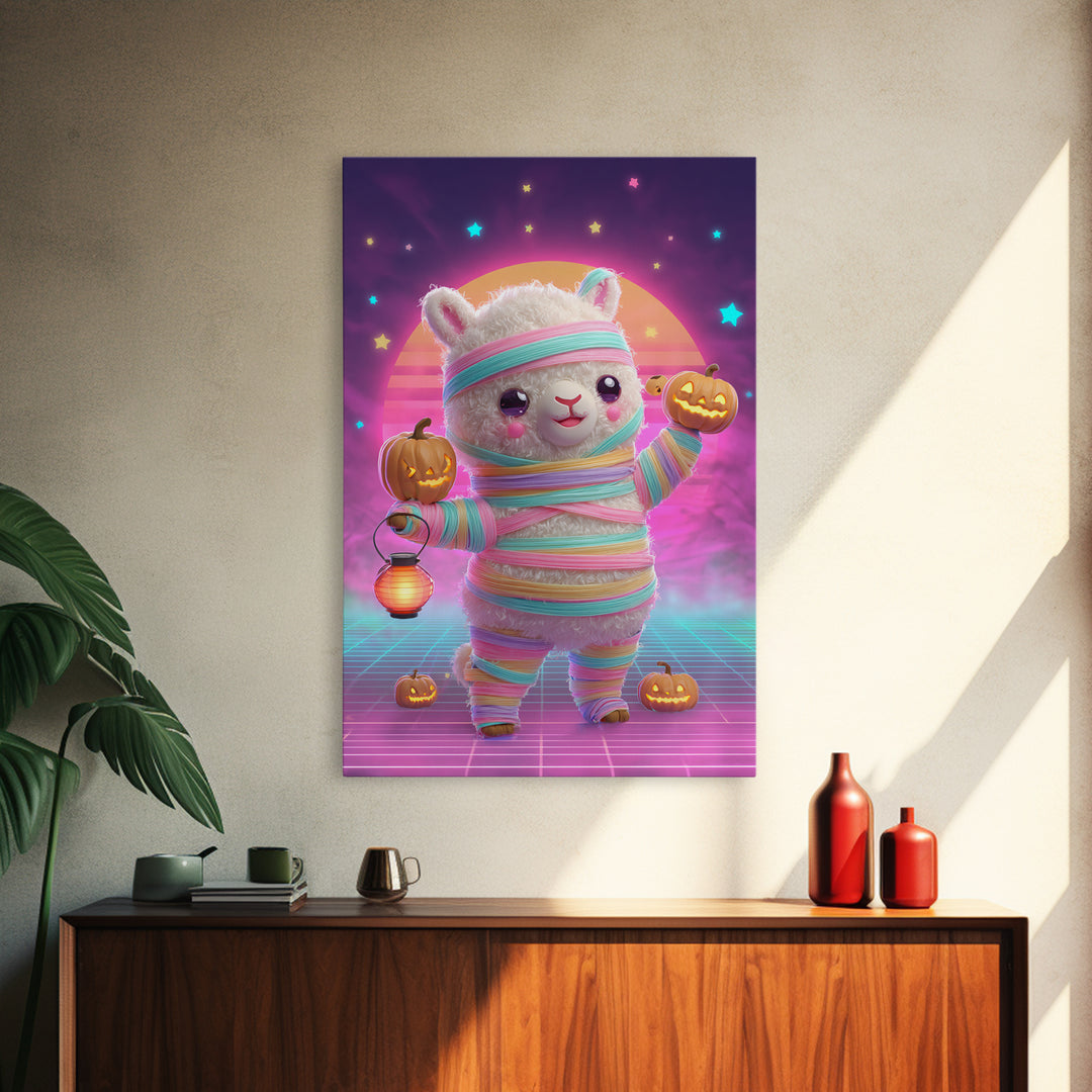 The Llama Mummy, Cute Spooky Neon Art, Vertical Wall Art, Framed Canvas Print, Retro Halloween Decor, Neon Wall Art, Macabre Wall Art