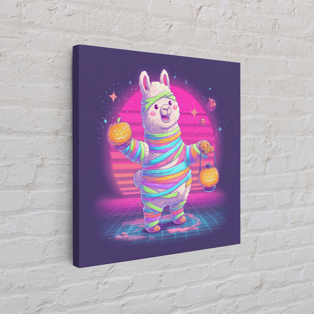 The Llama Mummy, Synthwave Halloween Art, Square Wall Art, Framed Canvas Print, Retro Halloween Decor, Neon Wall Art, Collectible Wall Decor