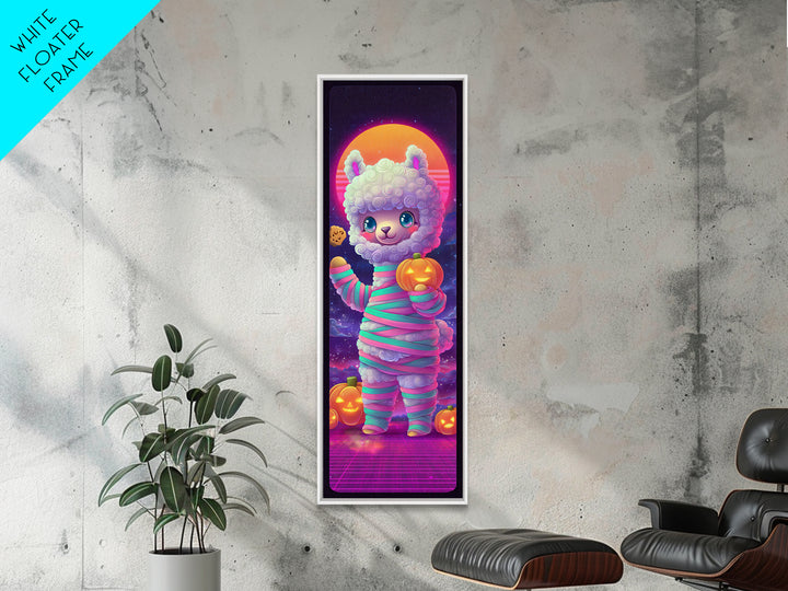 The Llama Mummy, Cute Spooky Neon Art, Tall Narrow Wall Art, Framed Canvas Print, Retro Halloween Decor, Neon Wall Art, Dark Fantasy Art