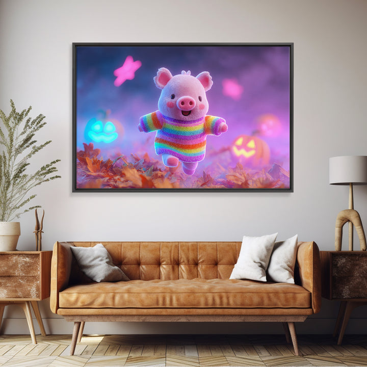 The Candy Corn Piglet, Cute Spooky Neon Art, Landscape Wall Art, Framed Canvas Print, Retro Halloween Decor, Neon Wall Art