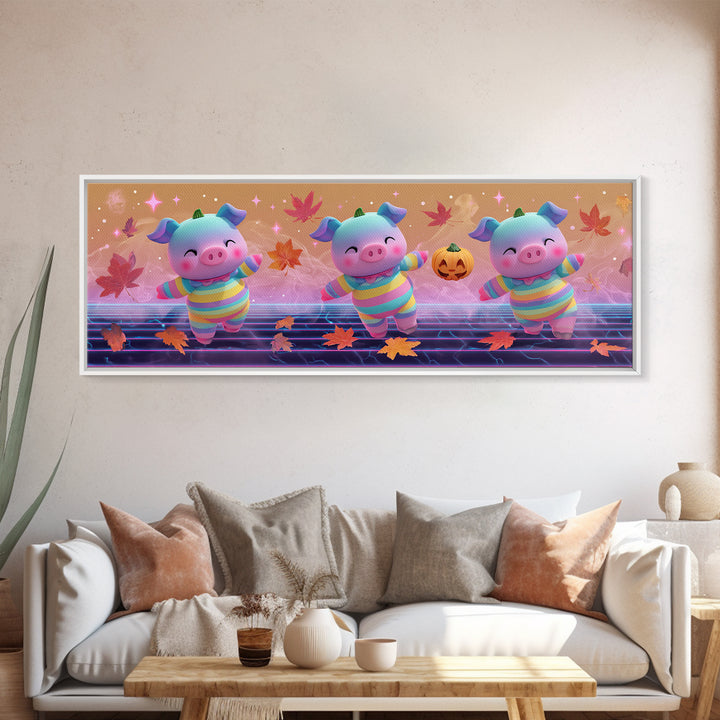 The Candy Corn Piglet, Synthwave Halloween Art, Extra Wide Wall Art, Framed Canvas Print, Retro Halloween Decor, Neon Wall Art