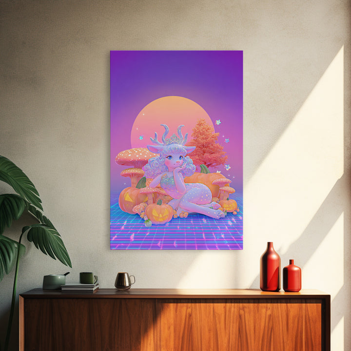 The Moon Princess Deer, Synthwave Halloween Art, Vertical Wall Art, Framed Canvas Print, Retro Halloween Decor, Neon Wall Art