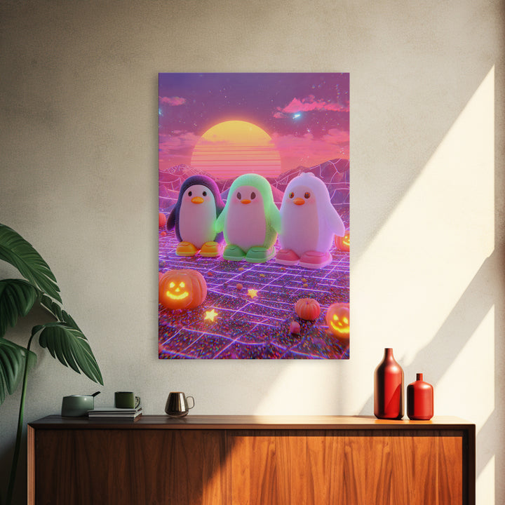 The Penguin Monster, Cute Spooky Neon Art, Vertical Wall Art, Framed Canvas Print, Retro Halloween Decor, Neon Wall Art, Gothic Home Decor