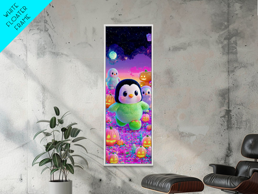 The Penguin Monster, Cute Spooky Neon Art, Tall Narrow Wall Art, Canvas Print, Retro Halloween Decor, Neon Wall Art, Spooky Wall Decor