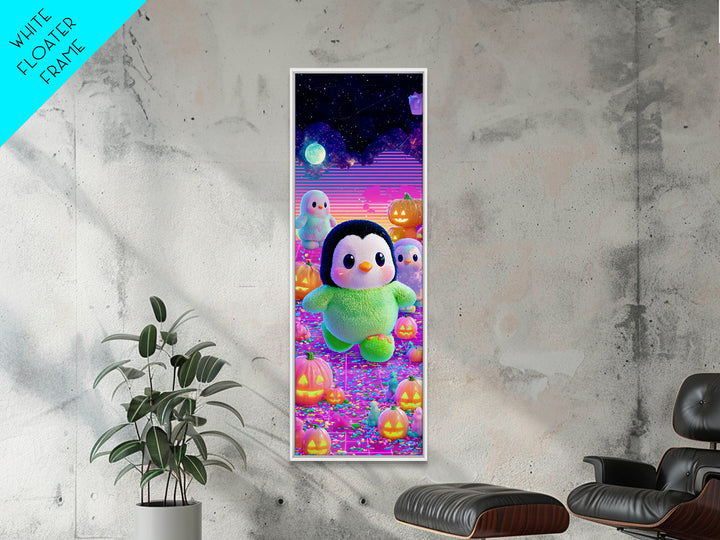 The Penguin Monster, Cute Spooky Neon Art, Tall Narrow Wall Art, Canvas Print, Retro Halloween Decor, Neon Wall Art, Spooky Wall Decor
