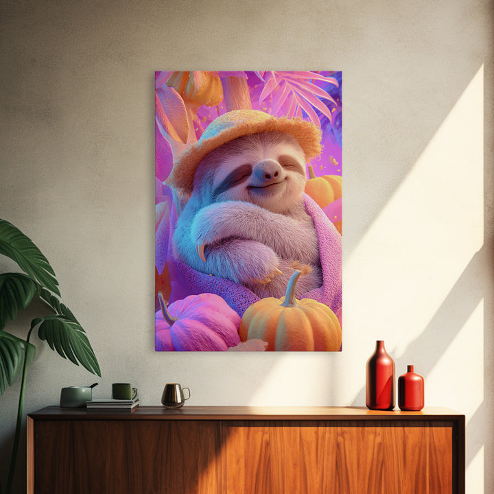 The Scarecrow Sloth, 80s Halloween Wall Art, Vertical Wall Art, Canvas Print, Retro Halloween Decor, Neon Wall Art, Gothic Home Decor