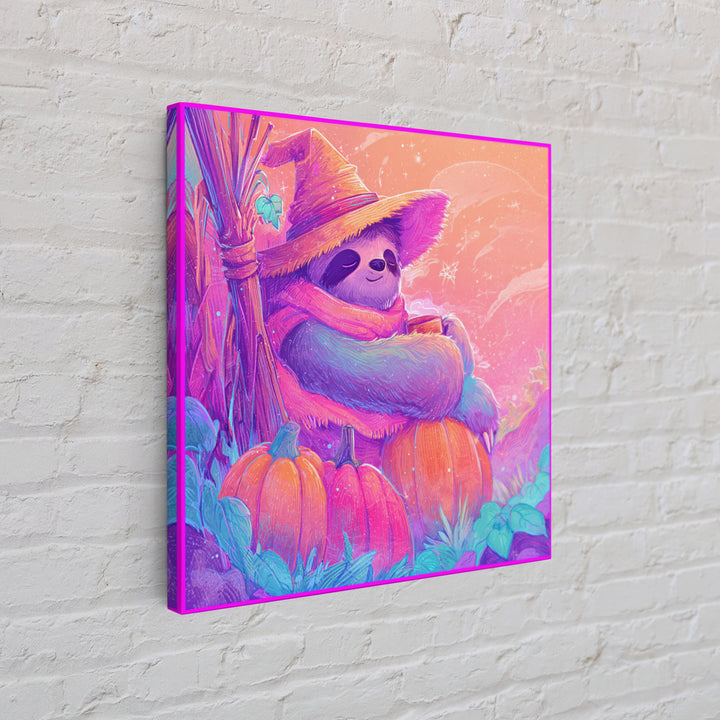 The Scarecrow Sloth, Cute Spooky Neon Art, Square Wall Art, Framed Canvas Print, Retro Halloween Decor, Neon Wall Art, Spooky Wall Decor