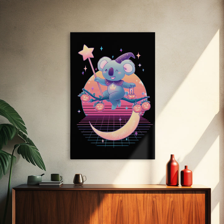 The Koala Wizard, Retro Neon Halloween Art, Vertical Wall Art, Canvas Print, Retro Halloween Decor, Neon Wall Art, Statement Wall Art