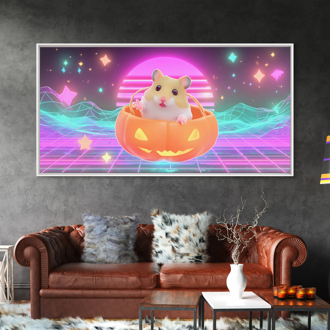 The Pumpkin Hamster, Retro Neon Halloween Art, Wide Panoramic Art, Framed Canvas Print, Retro Halloween Decor, Neon Wall Art
