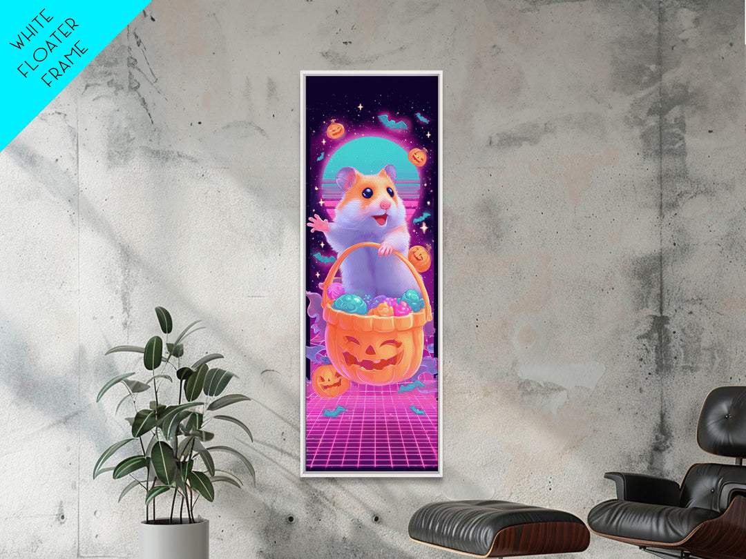 The Pumpkin Hamster, Synthwave Halloween Art, Tall Narrow Wall Art, Framed Canvas Print, Retro Halloween Decor, Neon Wall Art