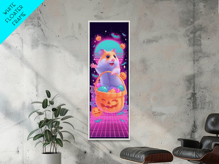 The Pumpkin Hamster, Synthwave Halloween Art, Tall Narrow Wall Art, Framed Canvas Print, Retro Halloween Decor, Neon Wall Art