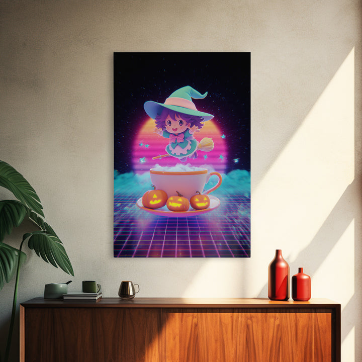 The Teacup Witch, Cute Spooky Neon Art, Vertical Wall Art, Framed Canvas Print, Retro Halloween Decor, Neon Wall Art, Seasonal Home Decor