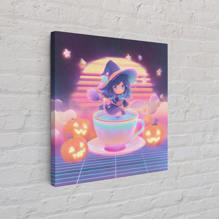 The Teacup Witch, Retro Neon Halloween Art, Square Wall Art, Framed Canvas Print, Retro Halloween Decor, Neon Wall Art