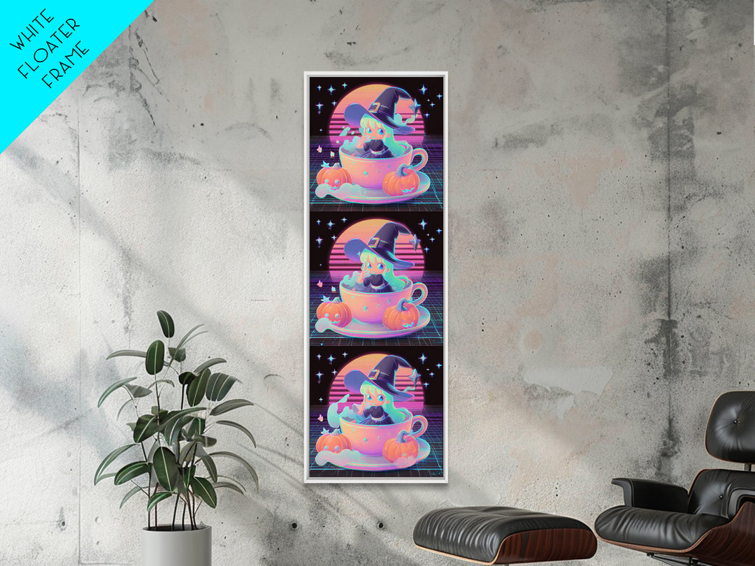 The Teacup Witch, Retro Neon Halloween Art, Tall Narrow Wall Art, Framed Canvas Print, Retro Halloween Decor, Neon Wall Art