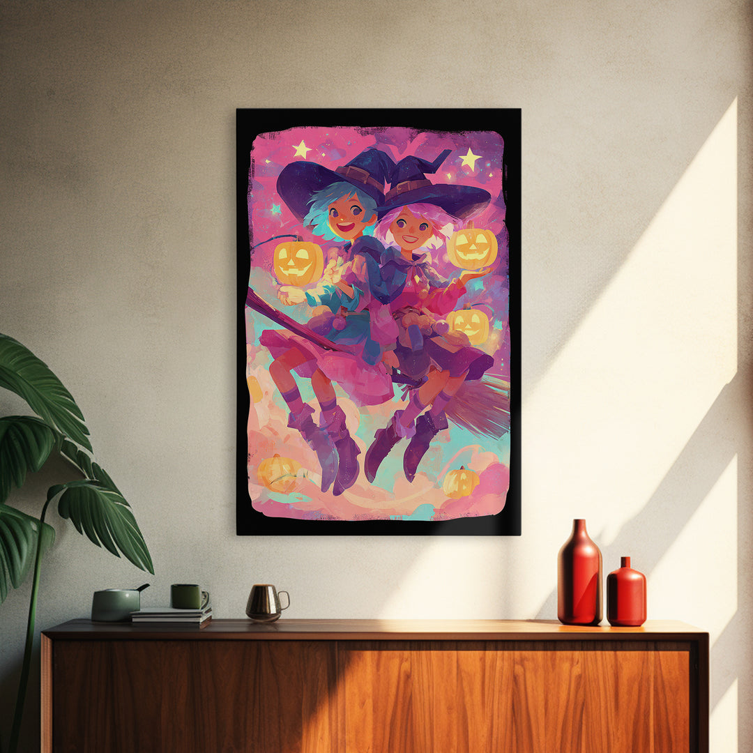 The Twin Broomstick Witches, 80s Halloween Wall Art, Vertical Wall Art, Framed Canvas Print, Retro Halloween Decor, Neon Wall Art