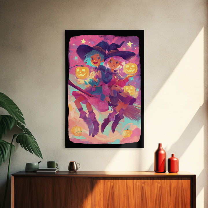 The Twin Broomstick Witches, 80s Halloween Wall Art, Vertical Wall Art, Framed Canvas Print, Retro Halloween Decor, Neon Wall Art